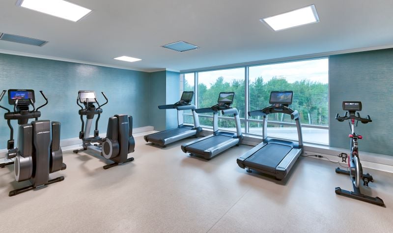 Our fitness room with workout equipment overlooking the scenery of the catskills.