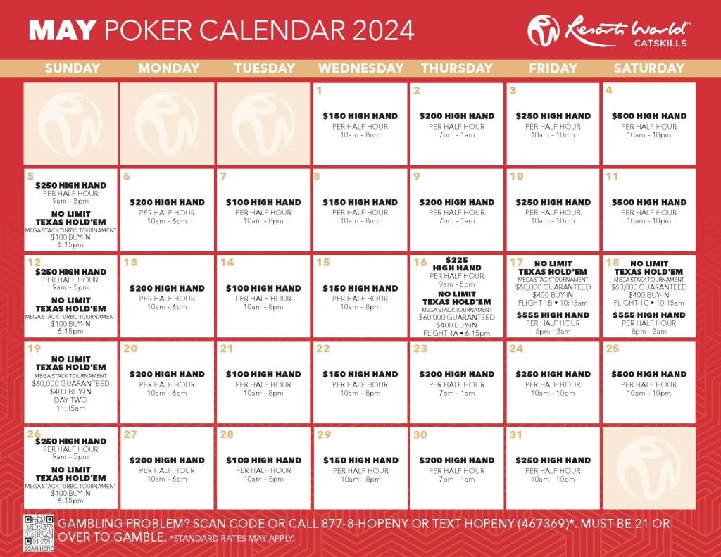 May Poker Calendar - Resorts World Catskills