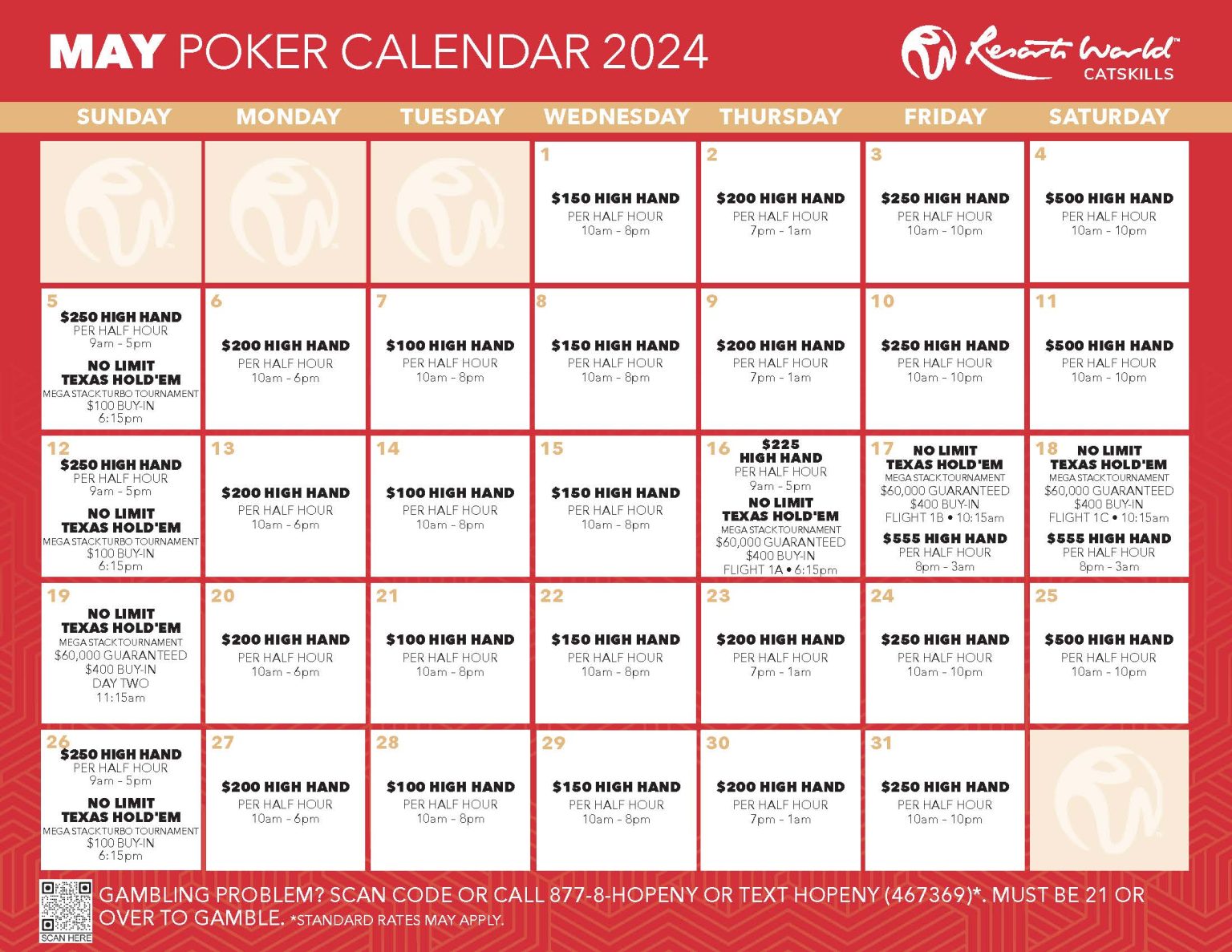 May Poker Calendar Resorts World Catskills