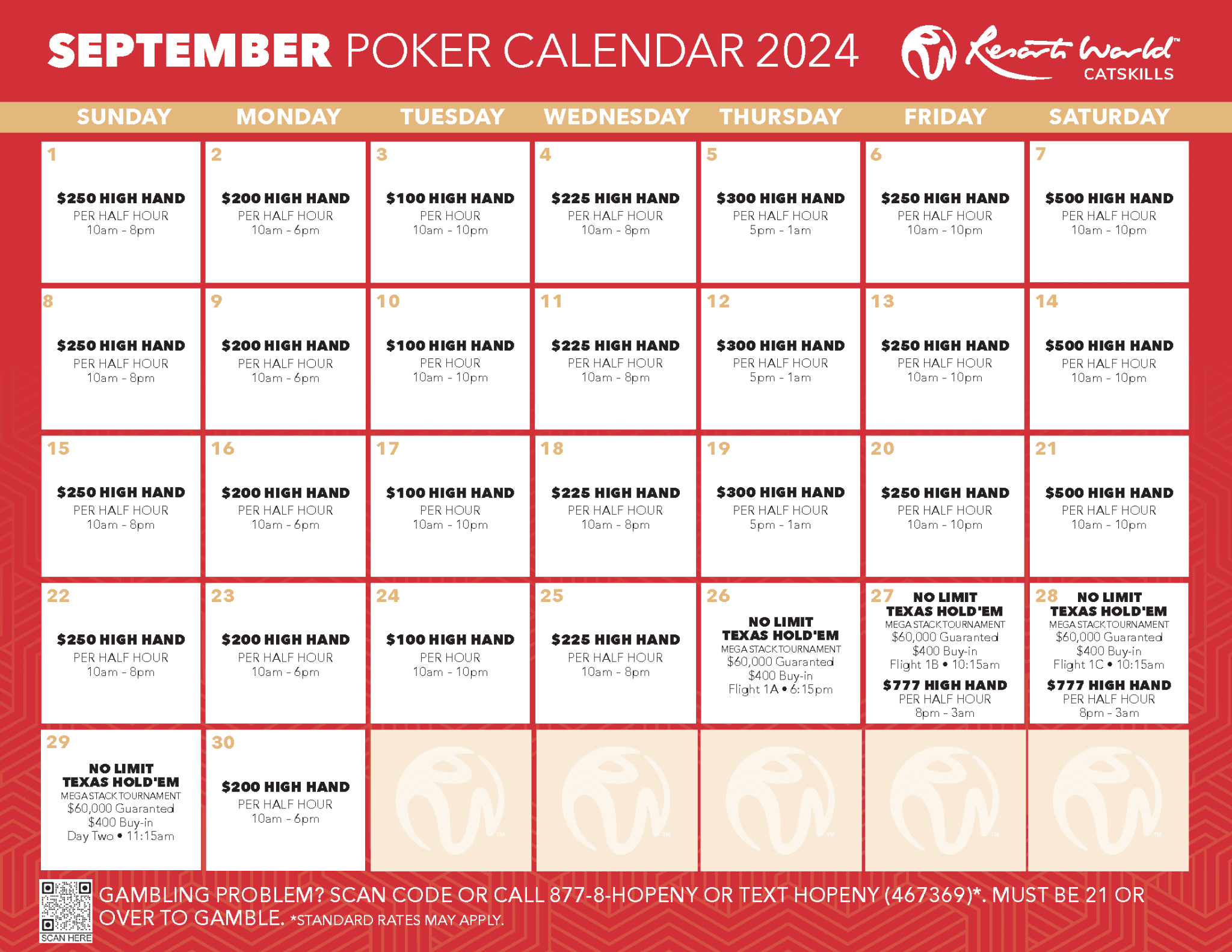 September Poker Calendar Resorts World Catskills