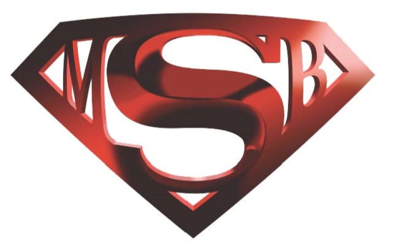 Logo resembling Superman's shield with the letters "MSB" in a stylized font, colored in red against a metallic background.